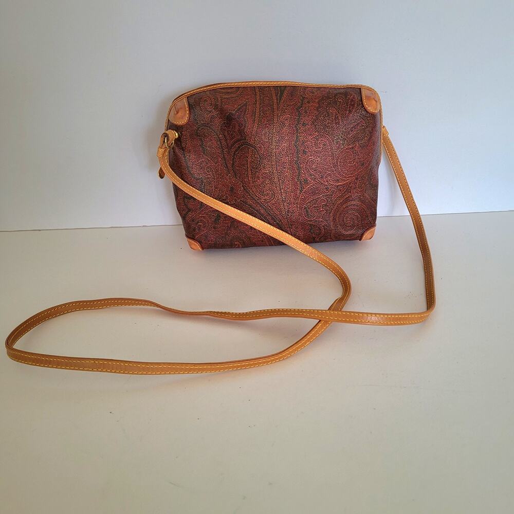 Vtg Etro Milano Paisley Coated Canvas Leather Crossbody Shoulder Bag Italy